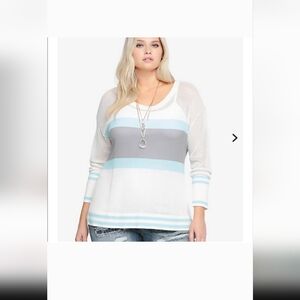 Torrid open knit white gray teal blue striped scoop neck sweater top plus sz 4X